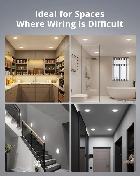 4 Pack Rechargeable Battery Operated Ceiling Light With Motion Sensor And Remote installed in various rooms