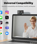 Crisp 4K Webcam For PC And Mac With Sony Sensor showing a smiling man waving on a laptop screen, highlighting universal compatibility.