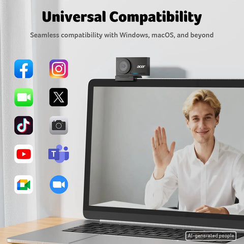 Crisp 4K Webcam For PC And Mac With Sony Sensor showing a smiling man waving on a laptop screen, highlighting universal compatibility.