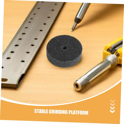 Get These 6 Pc Nylon Buffing Wheels For Metalwork And Car Detailing Plus Furniture Stone Finishing Tasks With 75mm Size And 10mm Hole That Are Super Tight Grip Perfect For Your Grinder Machine Needs. Grey nylon buffing wheel on a work surface with tools.