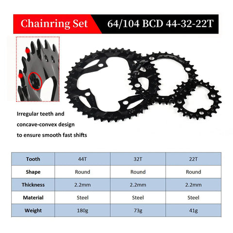 Beefy Square Taper Mountain Bike Crankset 170mm with 22-44T 64/104 BCD chainrings in steel, showing tooth detail and specs