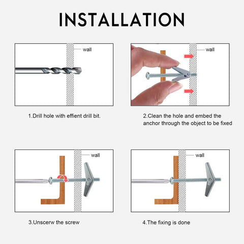 Installation steps for Sixty Pack Three Sixteenth Inch Zinc Plated Steel Toggle Bolts With Round Head And Wing Nuts For Hanging Heavy Items On Drywall Durable Rust Resistant Fastener Set