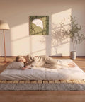 Queen Foldable Floor Bed Frame Built Tough With Heavy Duty Pine Wood Slats Features An Elevated Airflow Gap with mattress.