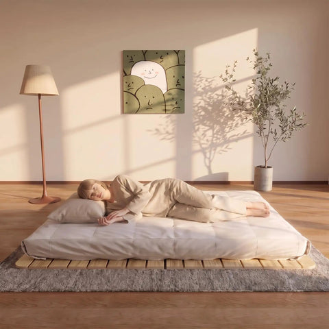 Queen Foldable Floor Bed Frame Built Tough With Heavy Duty Pine Wood Slats Features An Elevated Airflow Gap with mattress.
