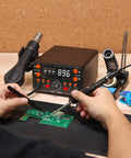 Person using Two In One Hot Air Soldering And Rework Station With T12 Tip System For Electronics, Fast Heat Up In Seconds, Large Display.