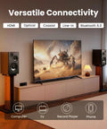 Living room setup featuring Powerful 144W 3-Way Powered Bookshelf Speakers With Sub Out For Desktop Studio Use, Hi-Res Audio
