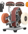 Compact Mini Electric Belt Sander For Desktop Projects with sanding belts, sharpener, and power supply for DIY use.