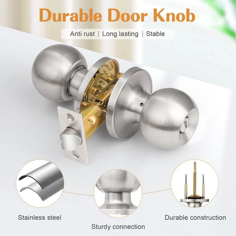 Brushed Nickel Bedroom And Bathroom Door Knobs Set 10 Pack displayed with stainless steel, durable construction, anti-fingerprint finish