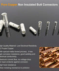 Non Insulated Butt Connectors Kit 380Pcs Marine Grade Tinned Copper Seamless Barrel Crimp Splice Terminals For 26 To 6 AWG Wires displayed