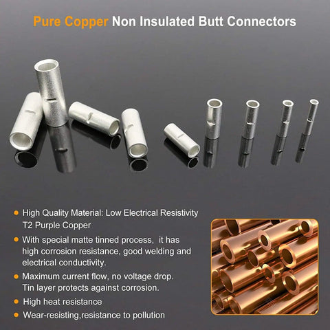 Non Insulated Butt Connectors Kit 380Pcs Marine Grade Tinned Copper Seamless Barrel Crimp Splice Terminals For 26 To 6 AWG Wires displayed