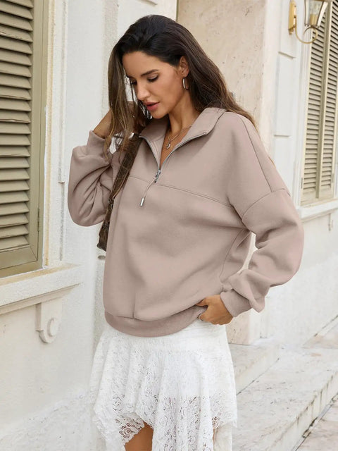 Woman in Cozy Oversized Women Quarter Zip Fleece Sweatshirt With Half Zip Collared Long Sleeve Pullover For Fall And Winter Soft Cotton Polyester Blend Coffee Gray Laid Back Yet Polished Everyday Warmth And Comfort, standing outdoors.