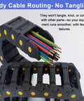 Hella Tough Openable Nylon Cable Drag Chain Slick Flexible Wire Management Carrier For 3D Printers And Cnc Routers showing colorful wires in flexible links.