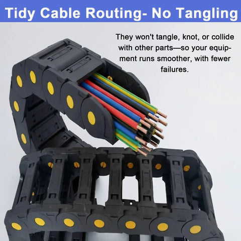 Hella Tough Openable Nylon Cable Drag Chain Slick Flexible Wire Management Carrier For 3D Printers And Cnc Routers showing colorful wires in flexible links.