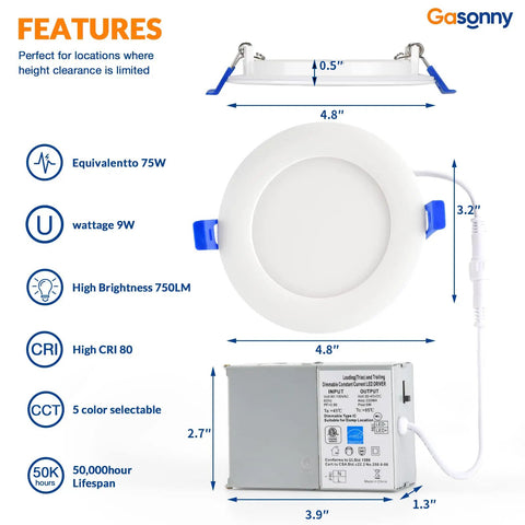 12 Pack 4 Inch LED Recessed Ceiling Lights With Junction Box, Dimmable, IC Rated, Color Temperature Adjustable 2700K 3000K 3500K 4000K 5000K, 750LM High Brightness, 9W 110W Equivalent, ETL Listed, No Fuss Install, showing light dimensions and features.