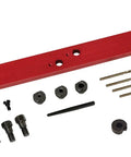 GM LS III Manifold Drill Template Kit For Easy Bolt Removal And Hole Hopping with red base plate and drill bits displayed
