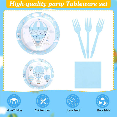 Blue Hot Air Balloon Party Supplies Set For 24 Guests 120 Pcs Disposable Dinnerware Includes 7 And 9 Inch Plates Cups Forks Napkins