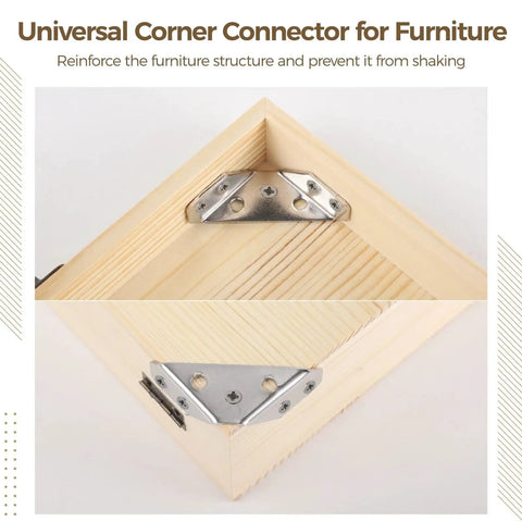 24 Piece Universal Furniture Corner Connectors Set, Trapeziform Stainless Steel Triangle Brackets attached to wooden frame