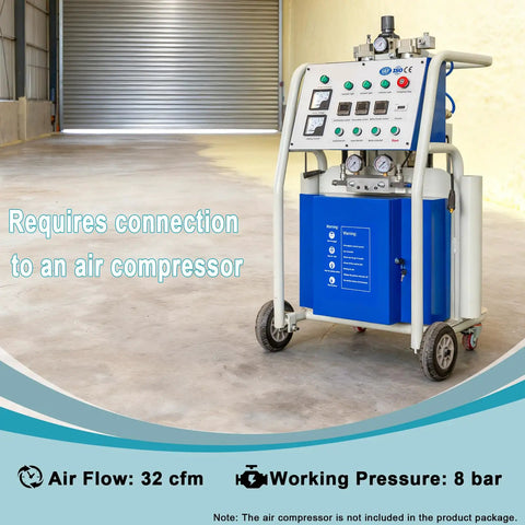 Plug And Play 14KW Pneumatic Polyurea And Polyurethane Foam Spray Unit 220V with air compressor connection details.