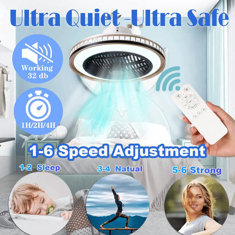Bladeless 20 Inch Low Profile Ceiling Fan With Lights And Remote Modern Flush Mount Enclosed Ceiling Fan With Bluetooth App Control Music Speaker 6 Speed Reversible Remote Or Wall Switch Operation Golden Black Finish shown with remote in hand.