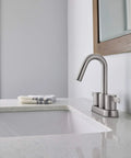 Bathroom with Centerset Lavatory Faucet in Brushed Nickel for Three Hole Sinks Four Inch Centerset Brass With Ceramic Disc Cartridge.