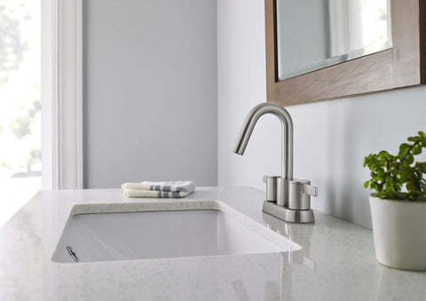 Bathroom with Centerset Lavatory Faucet in Brushed Nickel for Three Hole Sinks Four Inch Centerset Brass With Ceramic Disc Cartridge.