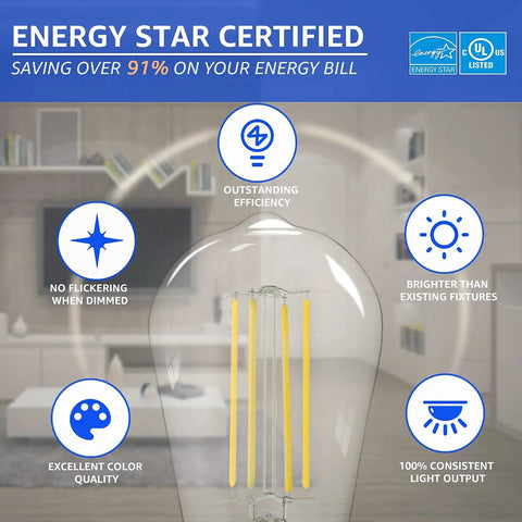 Infographic of Energy Star certified 100 Watt Equivalent LED Bulb Dimmable E26 Base Cool White 5000K 1100 Lumens 9W Vintage ST21 ST64