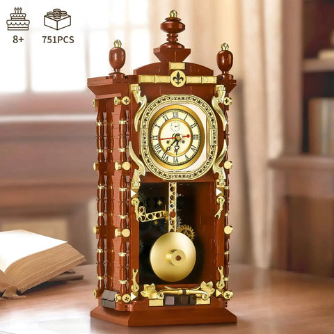 Retro Clock Building Kit For Adults With Rotating Gears And Old School Vibe Pendulum For Home Decor 751 Piece Mechanical Building Blocks Set In Wood And Cream Eco Friendly ABS Ideal DIY Project And Gift For Any Gearhead on a table