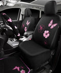 Universal Cloth Butterfly Car Seat Covers Full Set With Waterproof Floor Mats And Steering Wheel Cover Dope Flower Embroidered Design Black And Pink Interior Accessories Kit in car