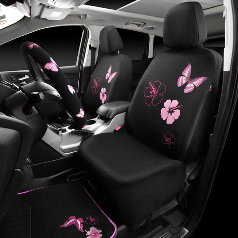 Universal Cloth Butterfly Car Seat Covers Full Set With Waterproof Floor Mats And Steering Wheel Cover Dope Flower Embroidered Design Black And Pink Interior Accessories Kit in car