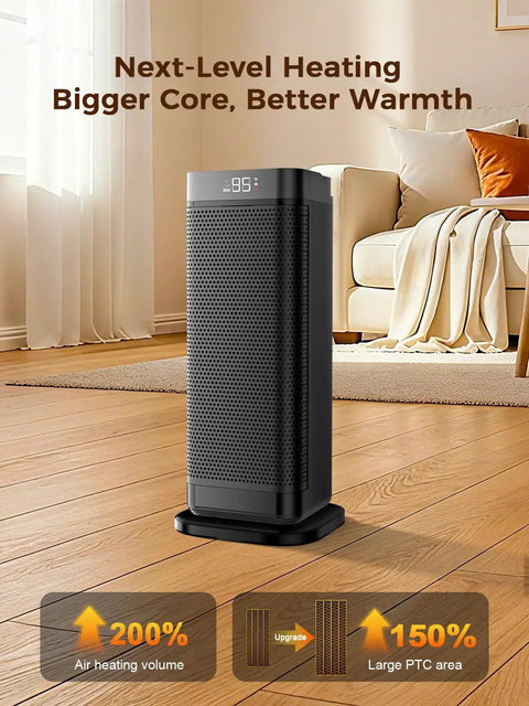 Indoor Space Heater 1500W Portable with Remote and Thermostat in living room, showcasing sleek design and digital display