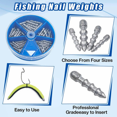 Bass Fishing Nail Sinkers Set 70 Pieces With Four Sizes One Thirty Second Ounce One Twenty Fifth Ounce One Sixteenth Ounce One Eighth Ounce Insert Weights For Plastic Worms Soft Plastic Baits Neko Rig And Wacky Rig Tackle shown with case and individual weights