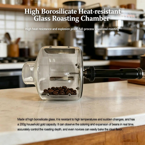 High Borosilicate heat-resistant glass roasting chamber with coffee beans for Top Shelf Electric Coffee Bean Roaster.