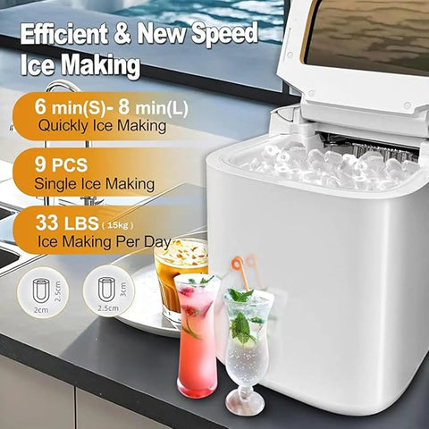 Self Cleaning Portable Countertop Ice Maker Spits Out Nine Bullet Cubes In Six Minutes With Smart Touch Panel And Two Liter Tank Perfect For Home Bars Offices And Rv Hangouts No Drama Just Frosty Vibes, showing ice maker with drinks.