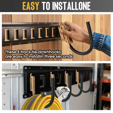Heavy Duty E Track Hooks Set For Enclosed Trailers And Vans, E Type And X Track Hangers, Steel Spring Fittings, installed on wall