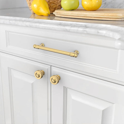 Champagne Bronze Cabinet Pulls 10 Pack Heavy Duty Solid Kitchen Drawer Handles 5 Inch Hole Center 128mm Durable Metal Hardware installed on cabinet