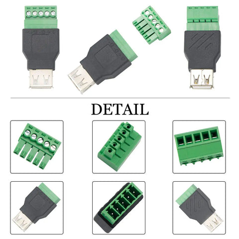 USB 2.0 Type A Breakout Board to 5 Pin Screw Terminal Connector Shield Adapter Kit with D Plus D Minus Terminals Shield 300V 8A Rating Pack of 4
