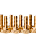 Top Shelf Brass Knurled Thumb Screws Ten Pack One Quarter Twenty Thread Three Quarter Inch Length stacked with knurled grip.