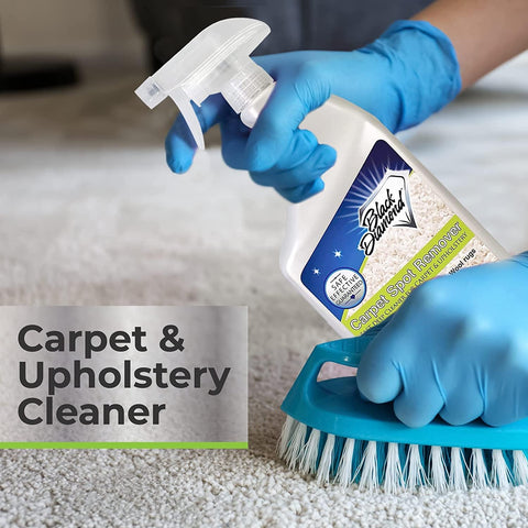 Person using Fast Acting Carpet And Upholstery Stain Remover Spray For Rugs Couches And Car Seats That Quickly Erases Grease Coffee Wine
