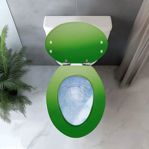 Top view of green Elongated Toilet Seat Resin on a toilet with visible bowl and bathroom decor.