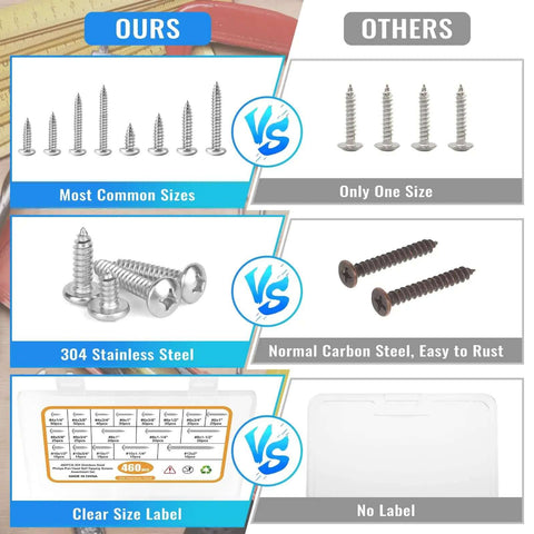 Comparison of 460Pcs Stainless Steel Wood Screws Kit With 18 Sizes vs standard steel screws, highlighting size variety, material quality, and labeling.