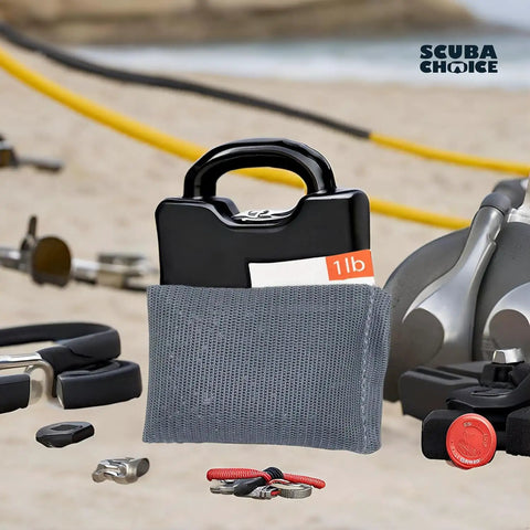 Soft Mesh Diving Shot Weight Bag With Hardened Antimony Pellets, Durable Nylon Graphite-Free Build, shown with dive gear on beach