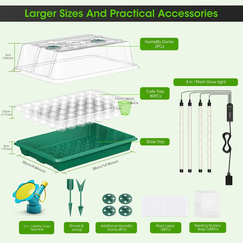 Components of Seed Starter Tray With Grow Light 2 Pack 80-Cell Seedling Starter Kit With Smart Timer And Humidity Dome Indoor Germination Kit