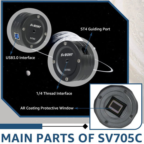 Main parts of 705C Telescope Camera With IMX585 Sensor for jaw dropping planetary imaging and deep sky shots, USB 3 port shown.
