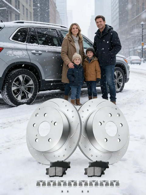 RAV4 Rear Brake Rotors Kit With Ceramic Pads And Back Discs, 281mm 11.1in shown in snowy urban setting
