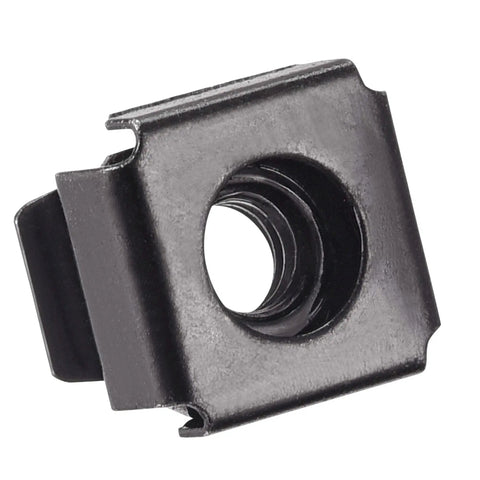 M5 X 0.8mm Snap In Cage Nuts Black Zinc Crash Lock Carbon Steel for 19 Inch Server Cabinet Rail, close-up view.