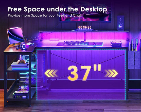 48 Inch Gaming Desk With USB Charging Ports And LED Lights, Reversible L Shaped Corner Desk With Monitor Stand, Black desk setup