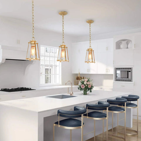 Gold Pendant Light Fixture For Kitchen Island And Dining Room, Brass Hanging Light With Bubble Seeded Glass over kitchen island.