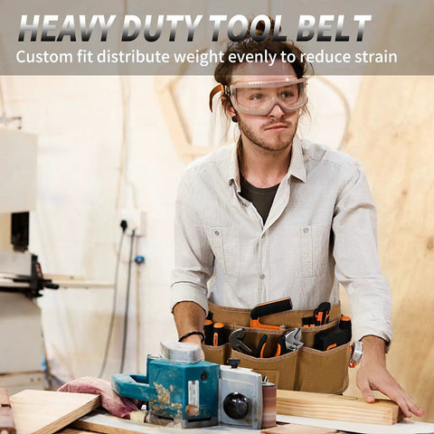 Woodworker wearing heavy duty waxed canvas tool apron with 13 pockets and nail apron, woodworking belt for pros and DIYers.