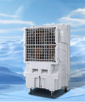 Slick Portable Evaporative Swamp Cooler With Huge Tank, three fan modes, 56.7-inch white unit, ideal for indoor outdoor use.