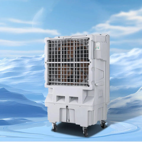 Slick Portable Evaporative Swamp Cooler With Huge Tank, three fan modes, 56.7-inch white unit, ideal for indoor outdoor use.